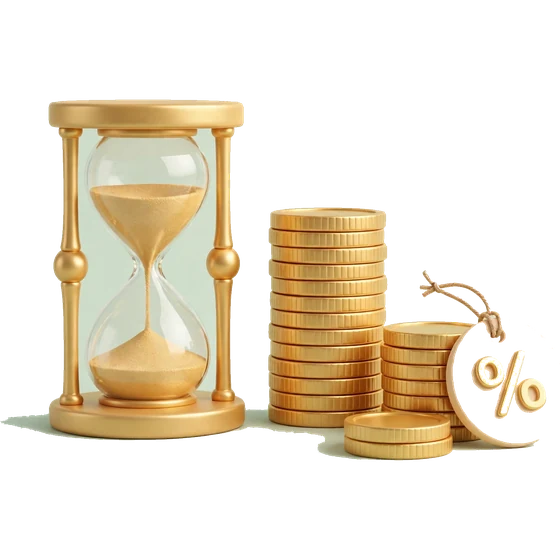 3D pastel illustration of a golden hourglass beside stacks of coins and a percentage tag